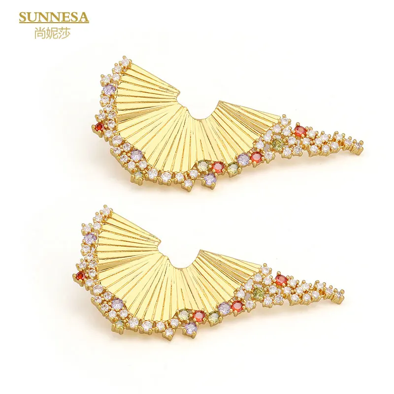 SUNNESA Luxury Colorful Zircon African Clip Earrings for Women Wedding Dubai Golden Fanshaped Big Earrings Bride Jewelry