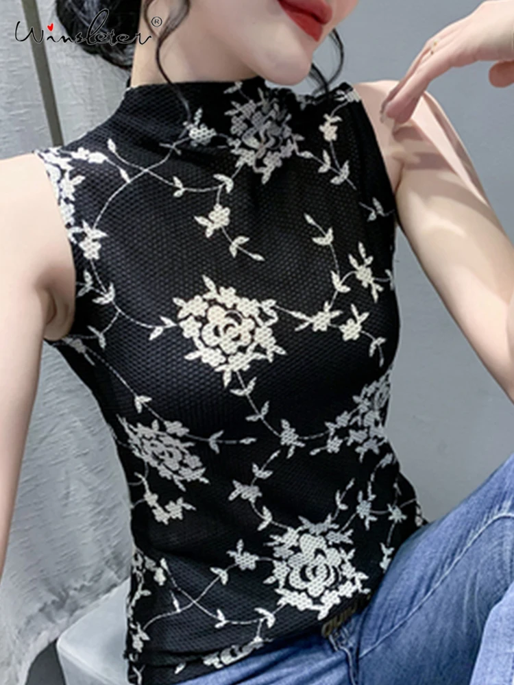 thumbnail image 1 of Winsleter - Camiseta sin mangas con letras de primavera y otoño, camisetas de una pieza de malla con cuello alto y media manga para mujer, camisetas sin mangas ajustadas para mujer, verano T31618X, 1 of 5
