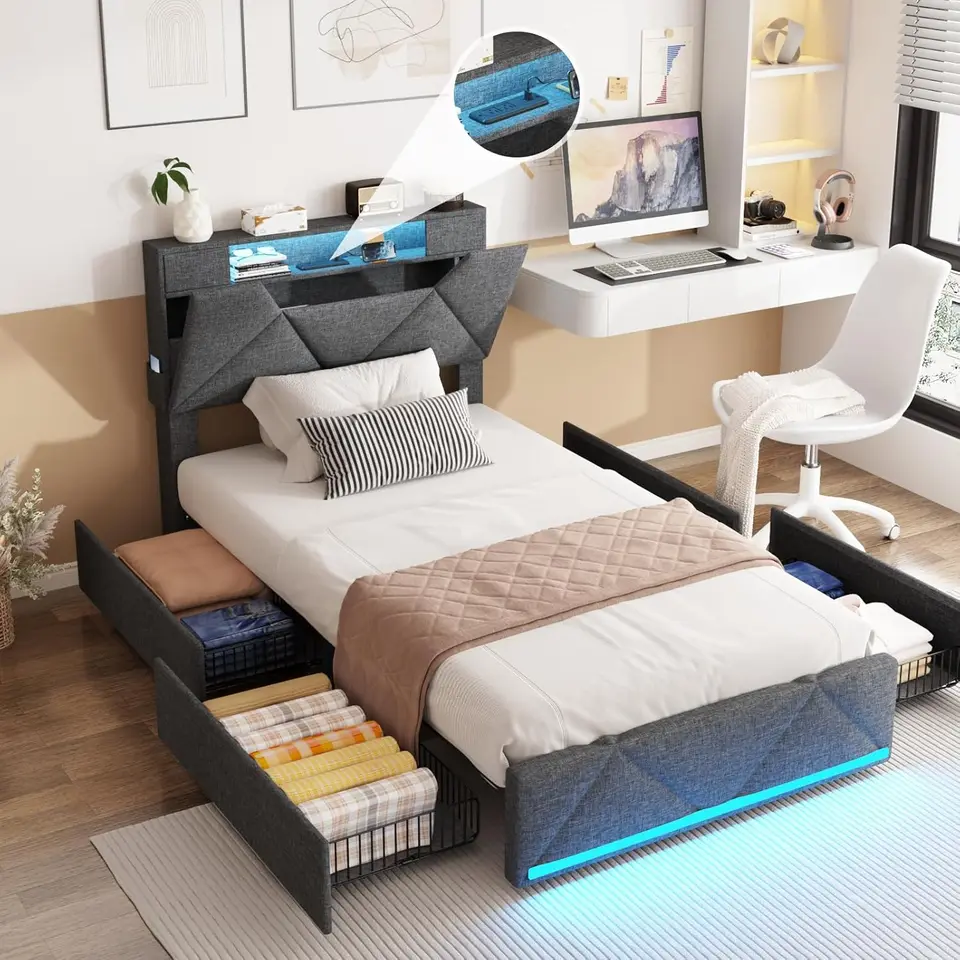 Adjustable Twin Bed Frame with Storage and LED Light