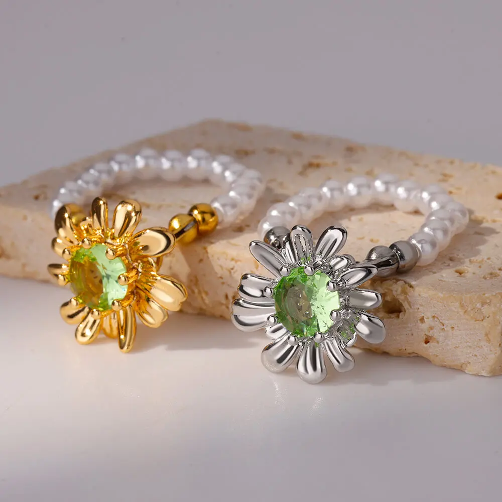 Stainless Steel Pearl & Green Zircon Flower Rings For Women
