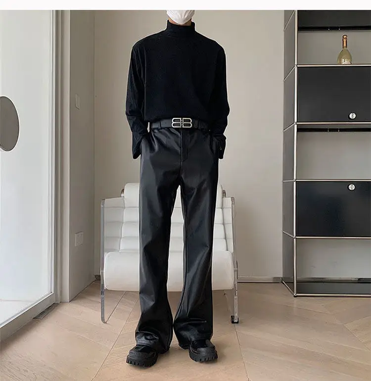Men's Korean Streetwear Fashion Vintage Loose Causal Leather Micro Flared Pants Man American Style High Street Trousers