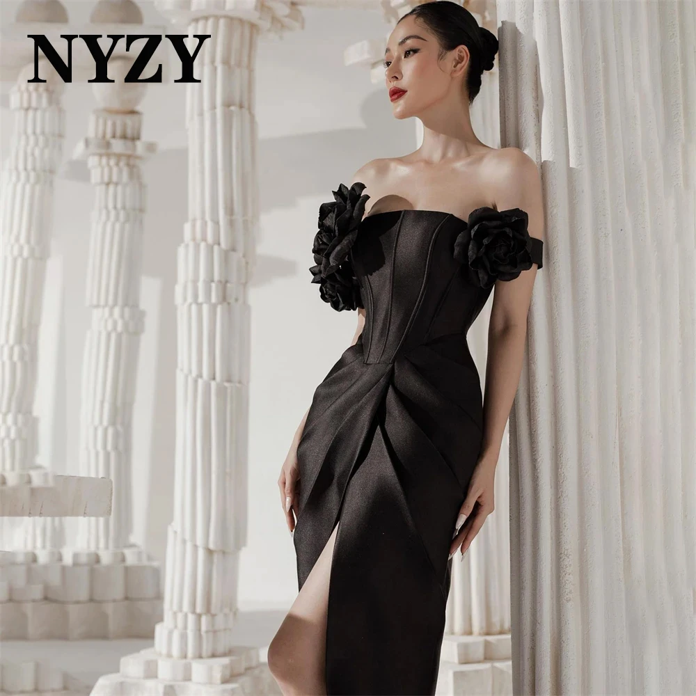 NYZY P166 Short Party Birthday Evening Gowns Satin 3D Flowers Ankle-length Black Cocktail Dresses Made