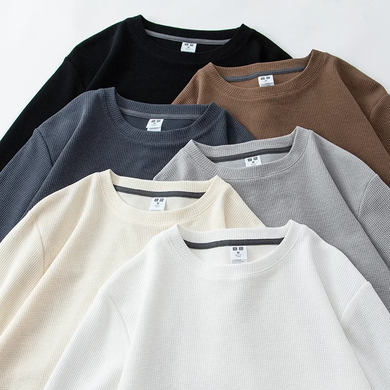 Men Sweater Men Waffle Long Sleeve T-shirt Men Heavy Round Neck Loose T-shirt Top Autumn New Solid Base Shirt Men Winter Clothes 3