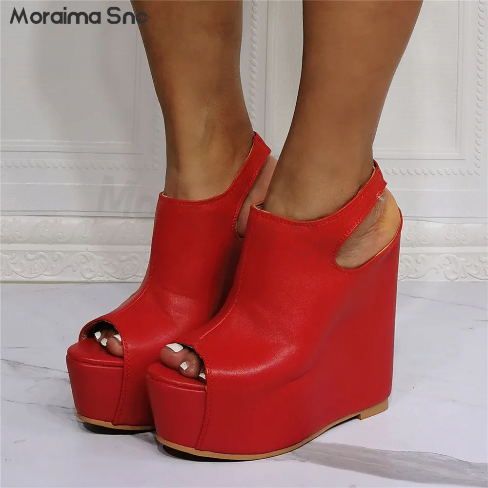 

Red Sexy Leather Wedged Sandals Extra Large Size Heel Hollowed Out Banquet Wedged Sexy High Heel Sandals Women's Shoes