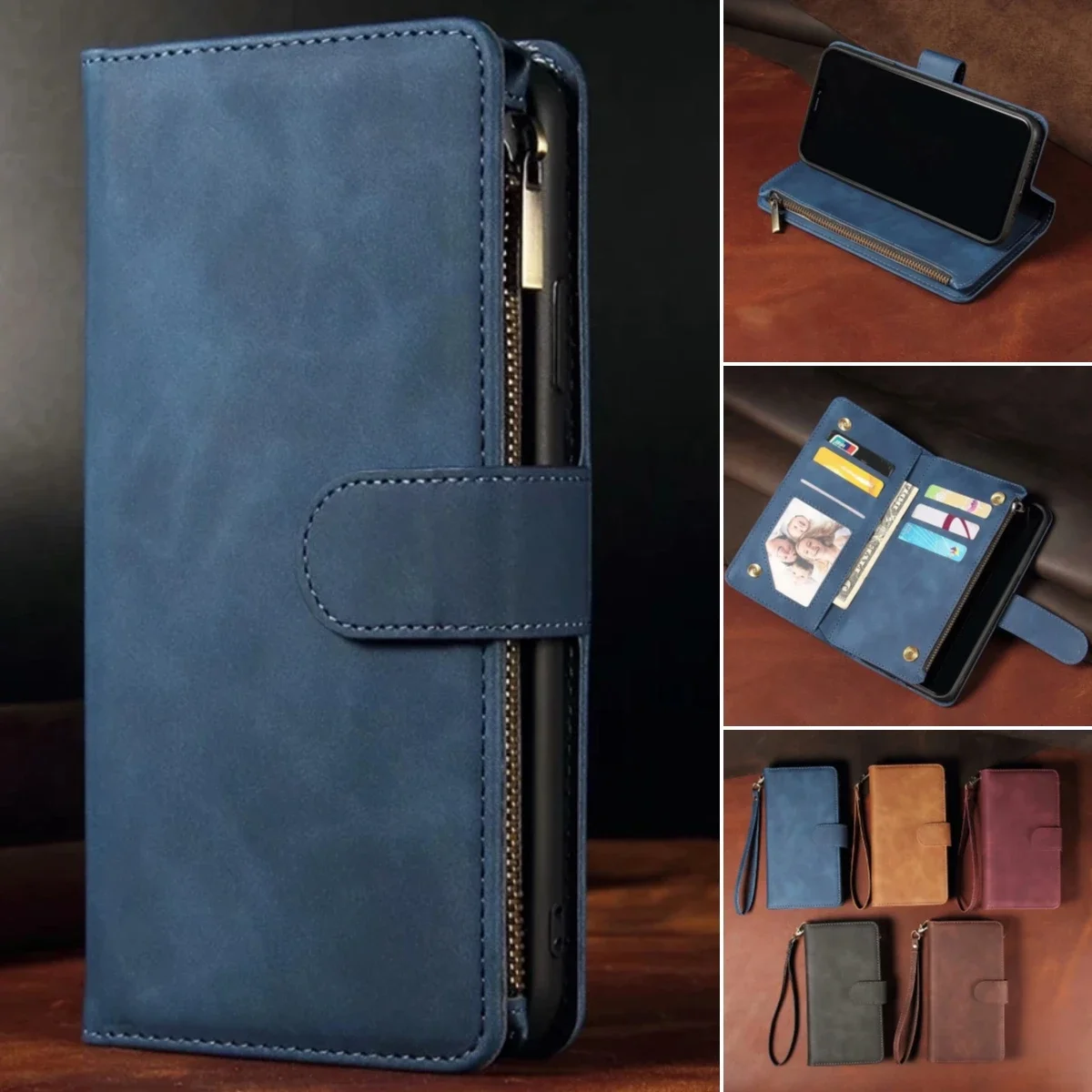 Zipper Leather Flip Wallet Case Cover