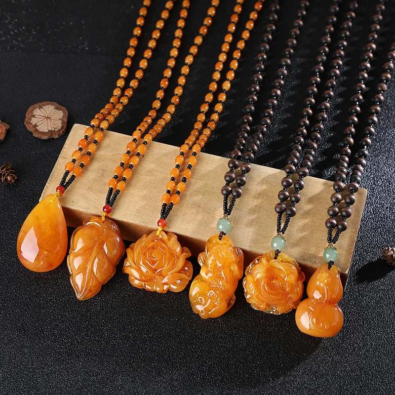 Imitation beeswax water drop necklace nuclear wood beads long sweater chain women's imitation amber pendant