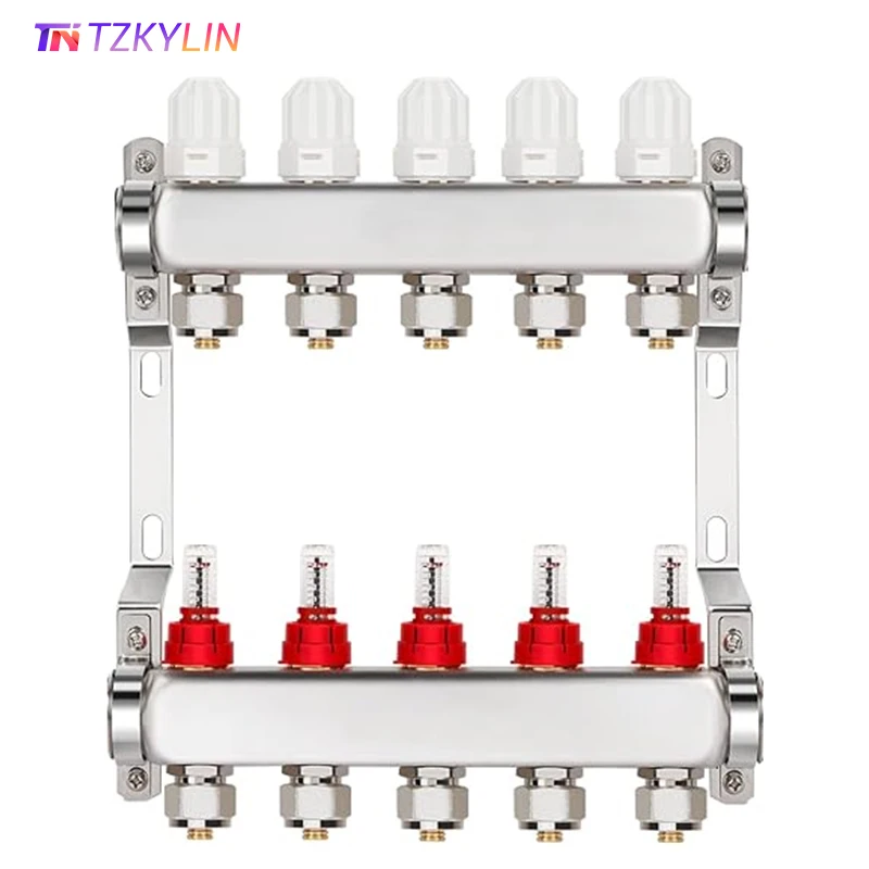 ชุดท่อร่วมทําความร้อนใต้พื้นสแตนเลส S304 พร้อมเครื่องวัดการไหลและสกรูเทอร์โมสแตติกเกลียวท่อหลัก G1" 1