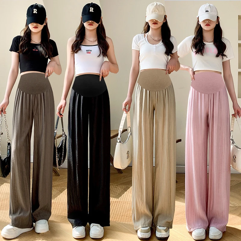 Summer Maternity Belly Trousers Thin High Waist Floor-length Pregnant Woman Pleated Pants Fashion Wide Legs Pregnancy Boot Cut