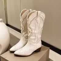 Vintage Square Head Thick Heel Cowboy Boot for Women Embroidered Western Cowboy Boots Side Zipper Shoes Autumn Pointed Boots - Image 5