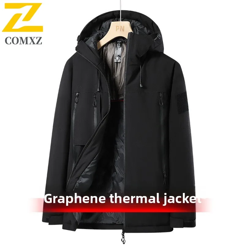 COMXZ Men Graphene Winter Jacket Windproof Waterproof Mountaineering Coat Outdoor Work Parka Detachable Hood Multi-Pocket Design