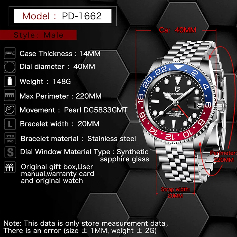 รูปสินค้า นาฬิกาผู้ชาย Pagani PD-1662 ดีไซน์หรู กันน้ำ 100 ม.