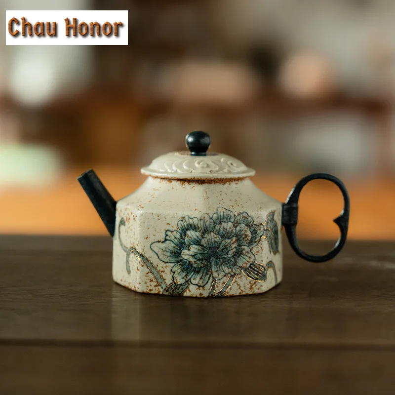 125ml Blue And White Flint Red Octagonal Teapot Handmade Gold Drawing Peony Flower Pot Tea Maker Kettle Kung Fu Teaware Gift