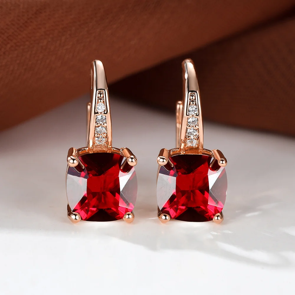 Red Crystal Zircon Square Stone Small Hoop Earrings For Women Vintage Rose Gold Color Ear Buckle Wedding Jewelry Versatile Gifts