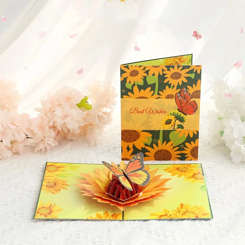 Foldable Sunflower Greeting Card Paper Carving Exquisite Flower Butterfly Gift Card Blessing 3D Pop-Up Greeting