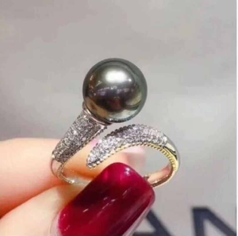 

New Gorgeous AAAAA 10-9mm Genuine Natural South Sea Black Round Pearl Ring 925S
