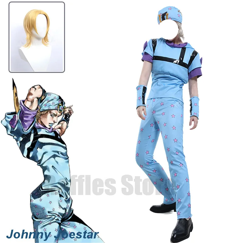 

Anime JoJo'S Bizarre Adventure Johnny Joestar Joe Kid Cosplay Costume Wig Steel Ball Run Cosplay Uniform Blue Suit Party Suit