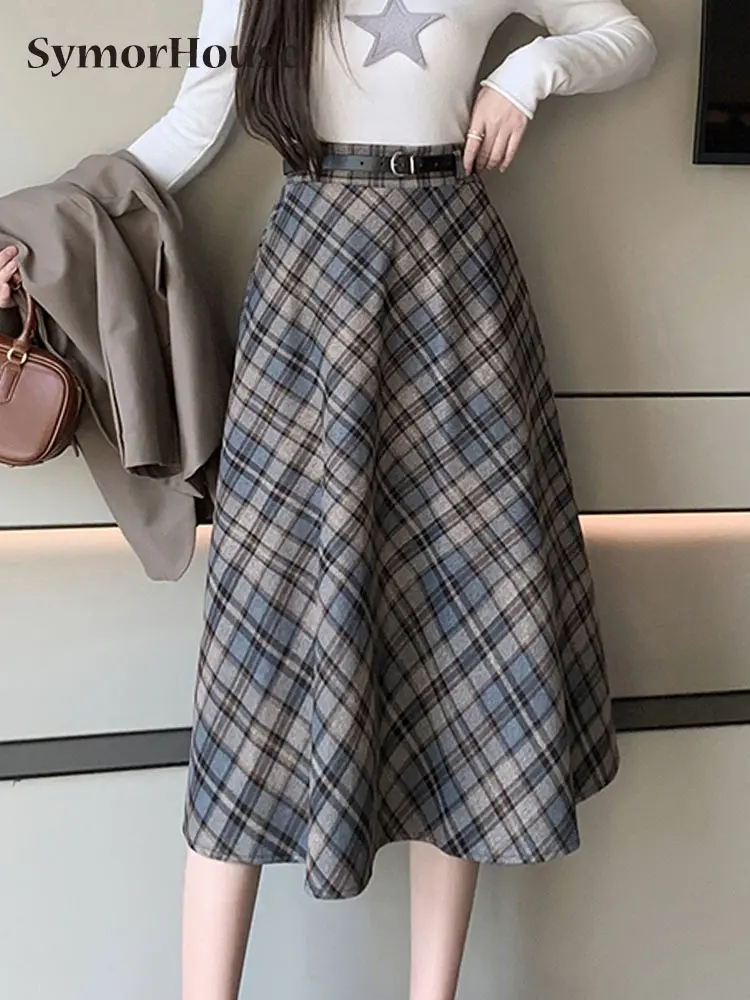 

2023 Autumn and Winter Plaid Woolen Pleated Skirt Women' New High Waist Student Preppy Style Vintage A-Lne Umbrella Midi Skirts