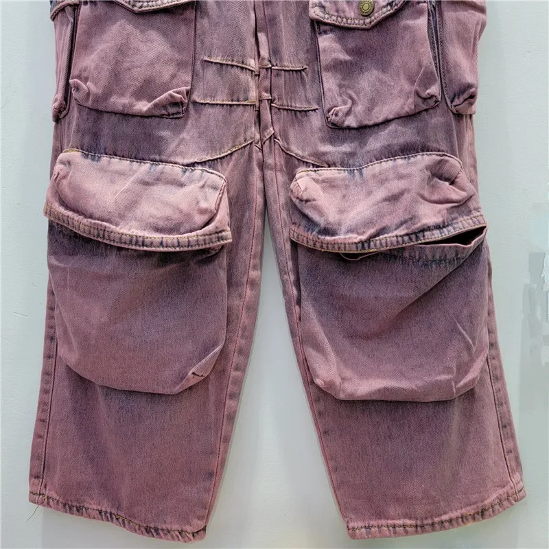 Cargo Pants Women 2023 Autumn Winter Washed Cotton Gradient Color Multi-Pocket High Waist Slimming Straight Overalls Jeans