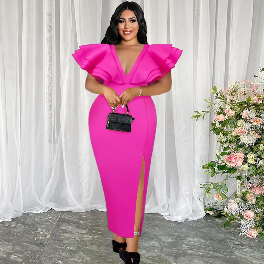 

Sexy Deep V Neck Ruffles Butterfly Sleeve Bodycon Dress Evening Party Dress Women Elegant Backlesss High Slit Long Maxi Dress
