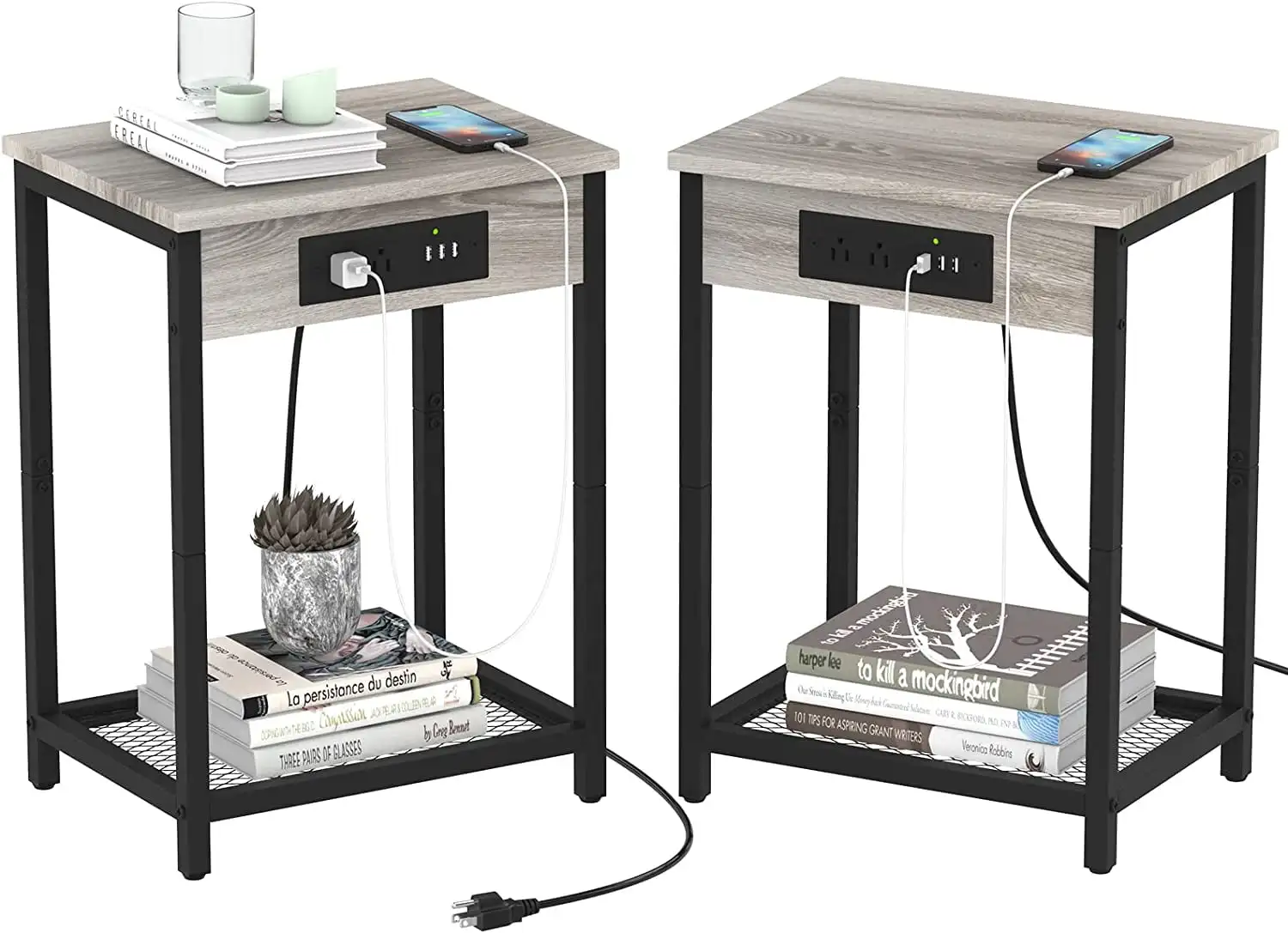 

Nightstand End Table with Charging Station Gray, Set of 2