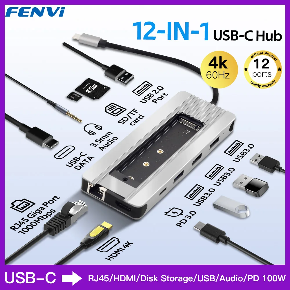 Fenvi 12 In 1 Type-C Hub Docking Station M.2 Ssd Behuizing Functie Sd Tf Kaart Pd 100W Met Hdmi 4K 1000M Ethernet Voor Mac Ipad