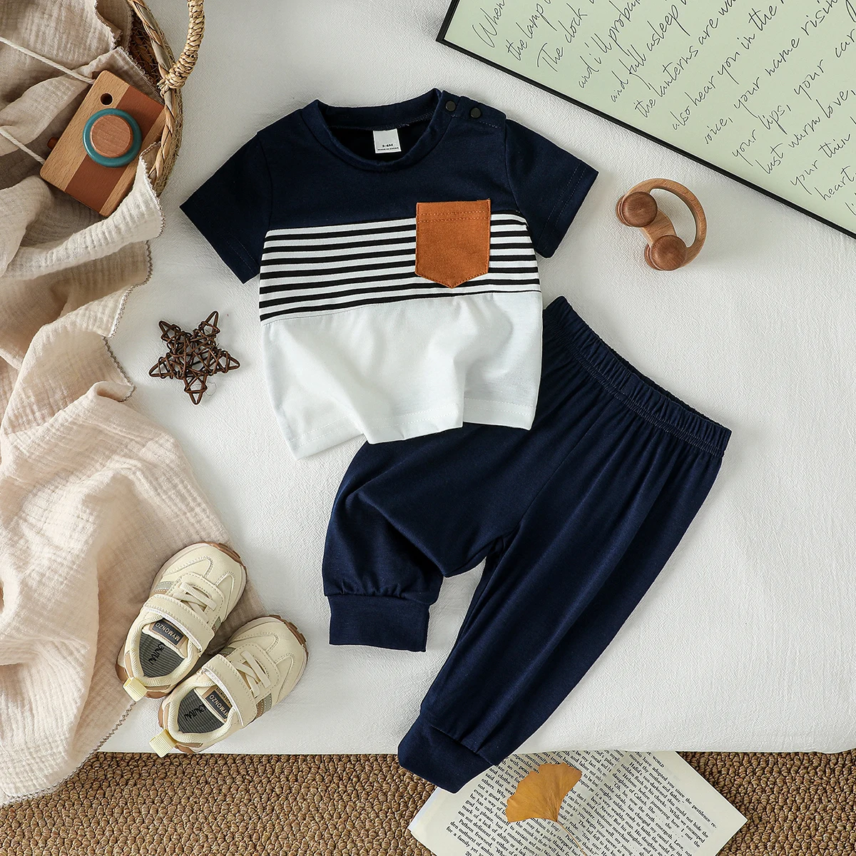 Toddler Boys Summer Outfits Stripe Short Sleeve T-Shirts Tops& Long Pants 2Pcs Casual Daily Clothes Children's Clothing Set