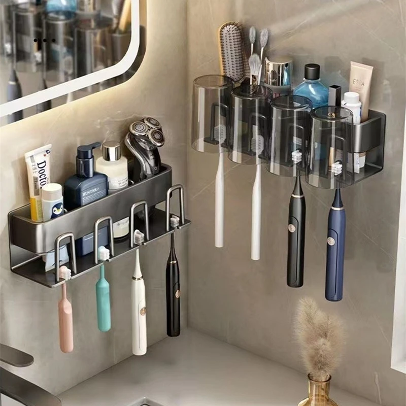 Space Aluminum Toothbrush Holder Punch-free Mouthwash Cup Self Wall-mounted Storage Box Gun Grey Electric Toothbrush Rack