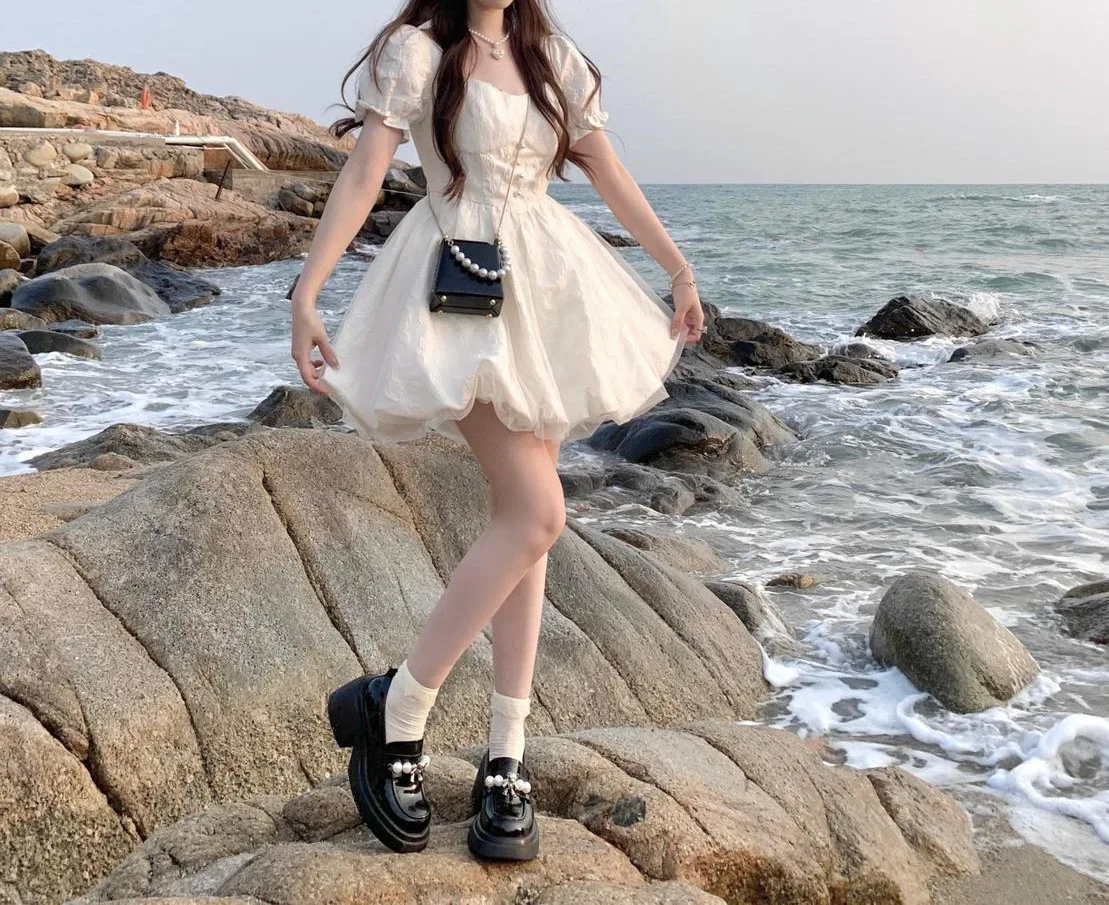 CGC Vintage Puff Sleeves White Short Dresses For Women Summer Elegant Party Dresses Korean Fashion Female Kawaii Lolita Dress