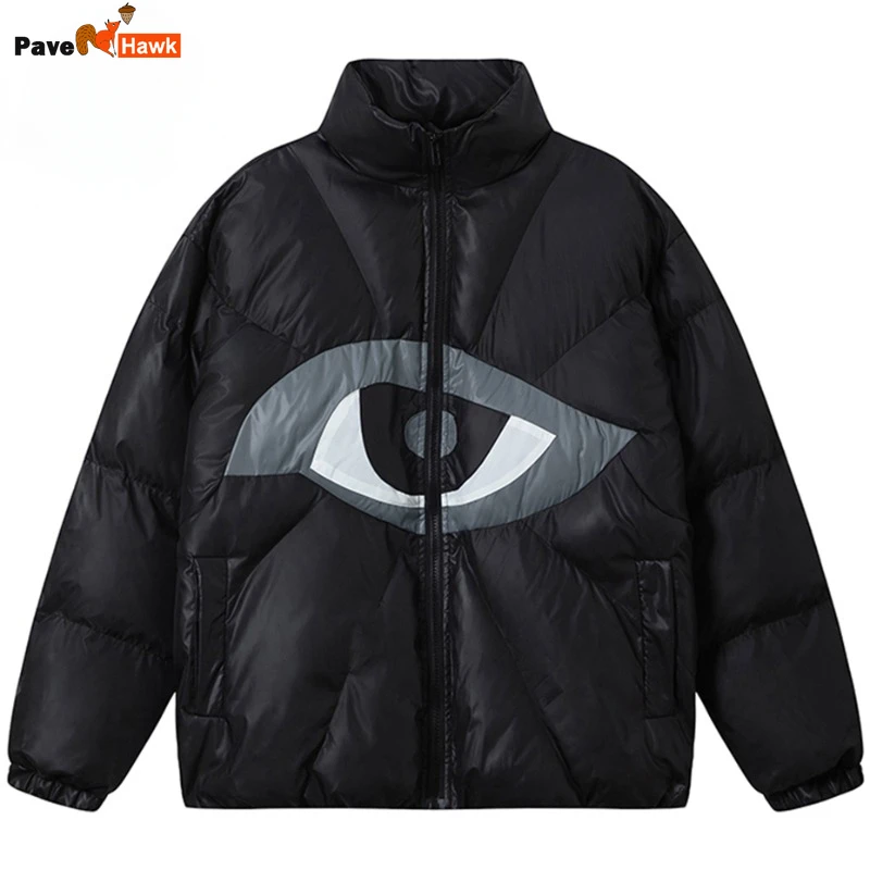 

Mens Winter Parkas Eyes Patchwork Puffer Jackets Black Padded Coat Loose Stand Collar Outwear Street Hip Hop Bubble Jacket Male