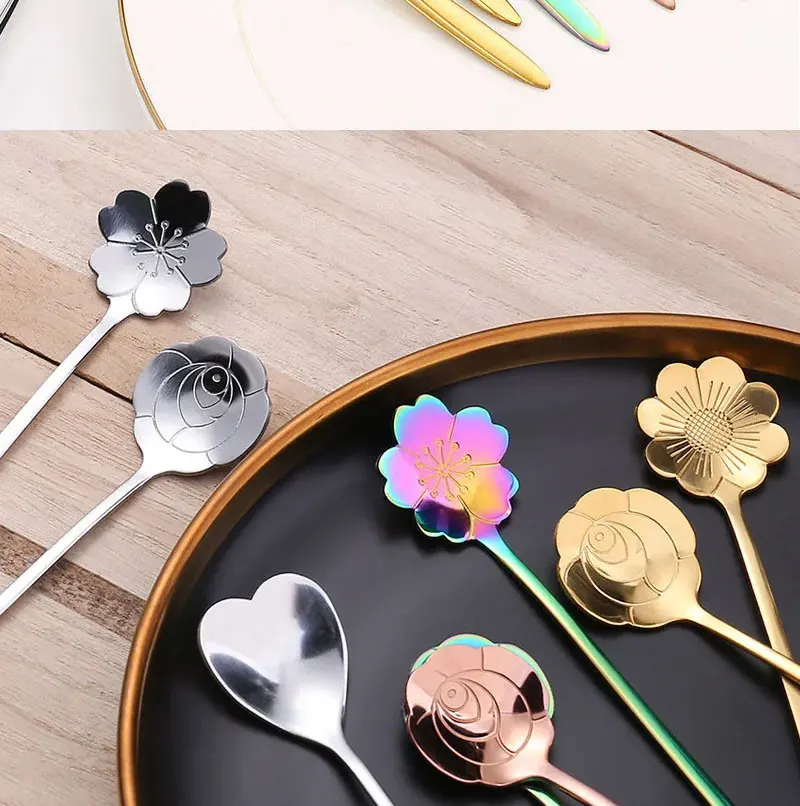 4-teiliges Blumen-Teelöffel-Set, Niedliche Kaffeelöffel, Eiscreme-Dessert-Kuchenlöffel, Geschenk-Besteck, Edelstahl-Tischbesteck-Zubehör – Detail 4