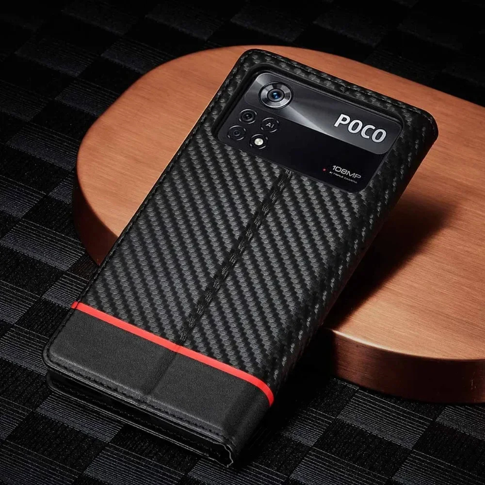 Magnetic Carbon Fiber Leather Wallet Phone Case Cover
