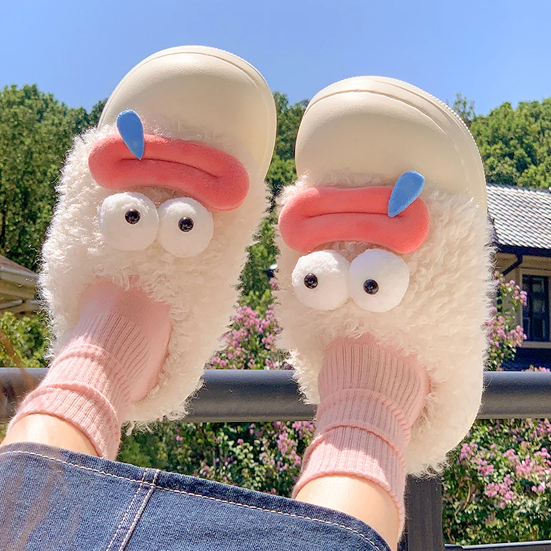 2025 New Funny Cartoon Plush Slippers Women Thick Sole Non Slip Home Cotton Slippers Woman Cute Indoor Warm Fluffy Slides Shoes