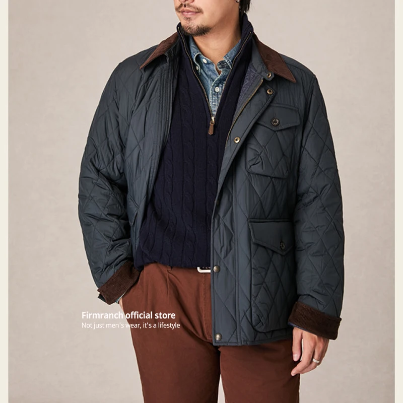 Firmranch Amekaji British Vintage Retro Cotton-padded Rhomboid Quilted Jacket Corduroy Lapel Coat Autumn Winter Blazer Men Women 2