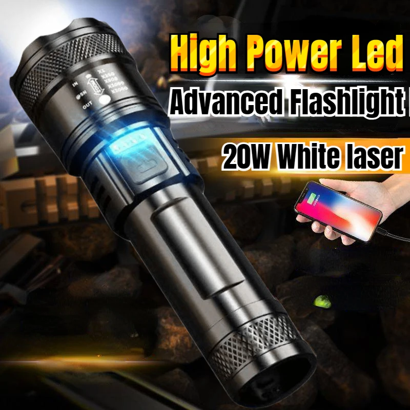 

High Power LED White Laser Torch Telescopic Zoom Strong Light Flashlight P50 Battery Display USB Charging Outdoor Lighting