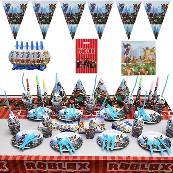 Roblox 테마 파티 용품, 어린이 생일 선물 가방, 종이 접시 컵 접시 냅킨 베이비 샤워 일회용 식기 세트, 145 개