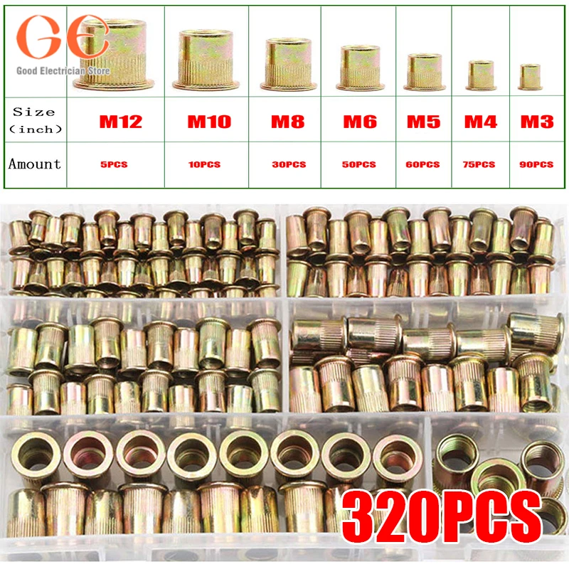 Flat Head Rivet Nuts Kit Inserir Nutsert Rivnuts Sortimento Grupo Rosca Inserir Nutserts Montagem M3-m12 Parafusos e Porcas 320 Pcs