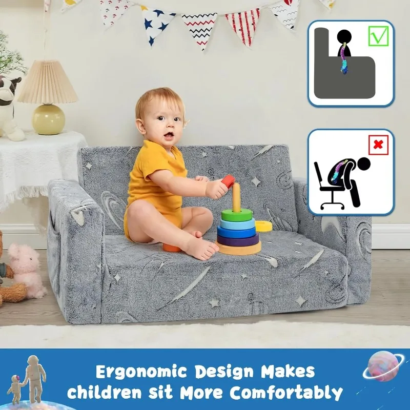 Kids Couch Toddler Chair Kids Sofa Extra Wide Glow in The Dark Baby Convertible Sofa ,Foldable Toddler Bed for Kids Girls Boys 5