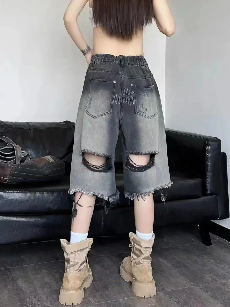 American High Street Washed Gradient Women Ripped Retro Old Size Denim Loose Shorts Baggy Jeans Women