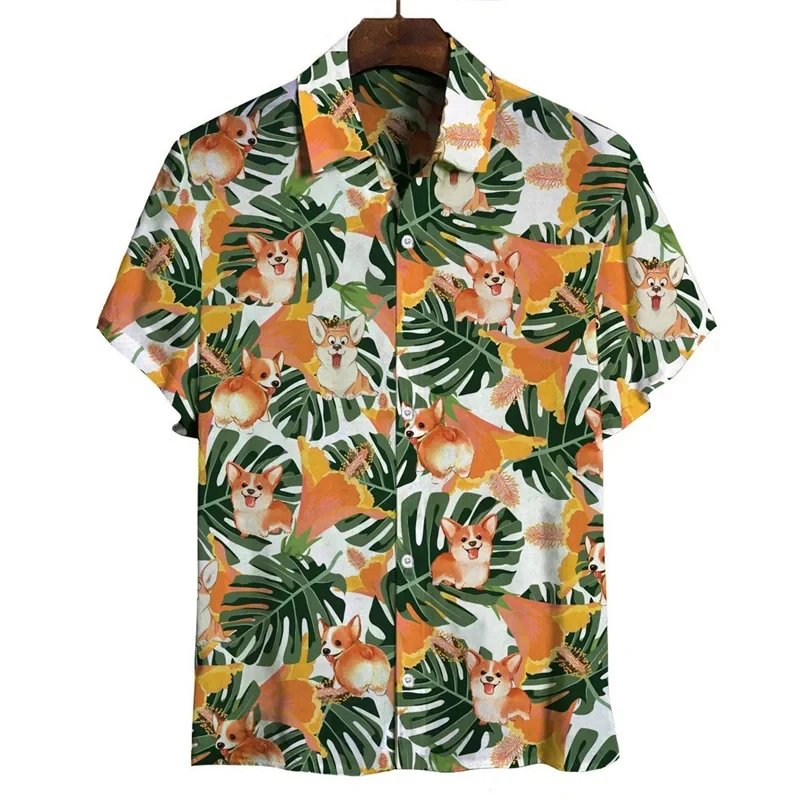 Cartoon Corgi Dog Graphic Hawaiian Shirt For Men Summer 3d Printed Animal Pets Short Sleeves Street Tops Lapel Button Blouse 5