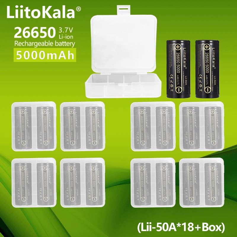 

18PCS LiitoKala Lii-50A 3.7V 5000mAh Original 26650 Lithium Rechargeable Battery For Flashlights Electric Toys Small Fan Torch