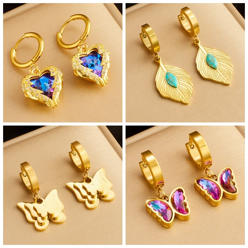 DIEYURO 316L Stainless Steel Heart Butterfly Crystal Charm Earrings For Women Girl Fashion Waterproof Ear Jewelry Gift Party