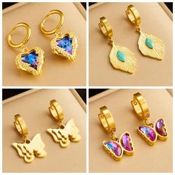 DIEYURO 316L Stainless Steel Heart Butterfly Crystal Charm Earrings For Women Girl Fashion Waterproof Ear Jewelry Gift Party