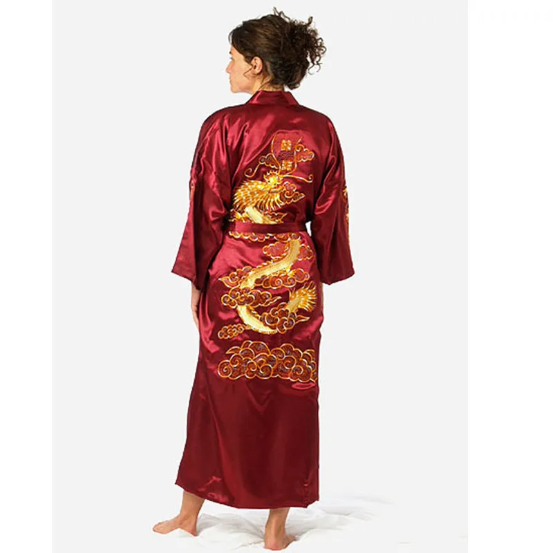 Navy Blue Chinese Men's Satin Silk Robe Embroidery Kimono Bath Gown Dragon Size S M L XL XXL XXXL S0008