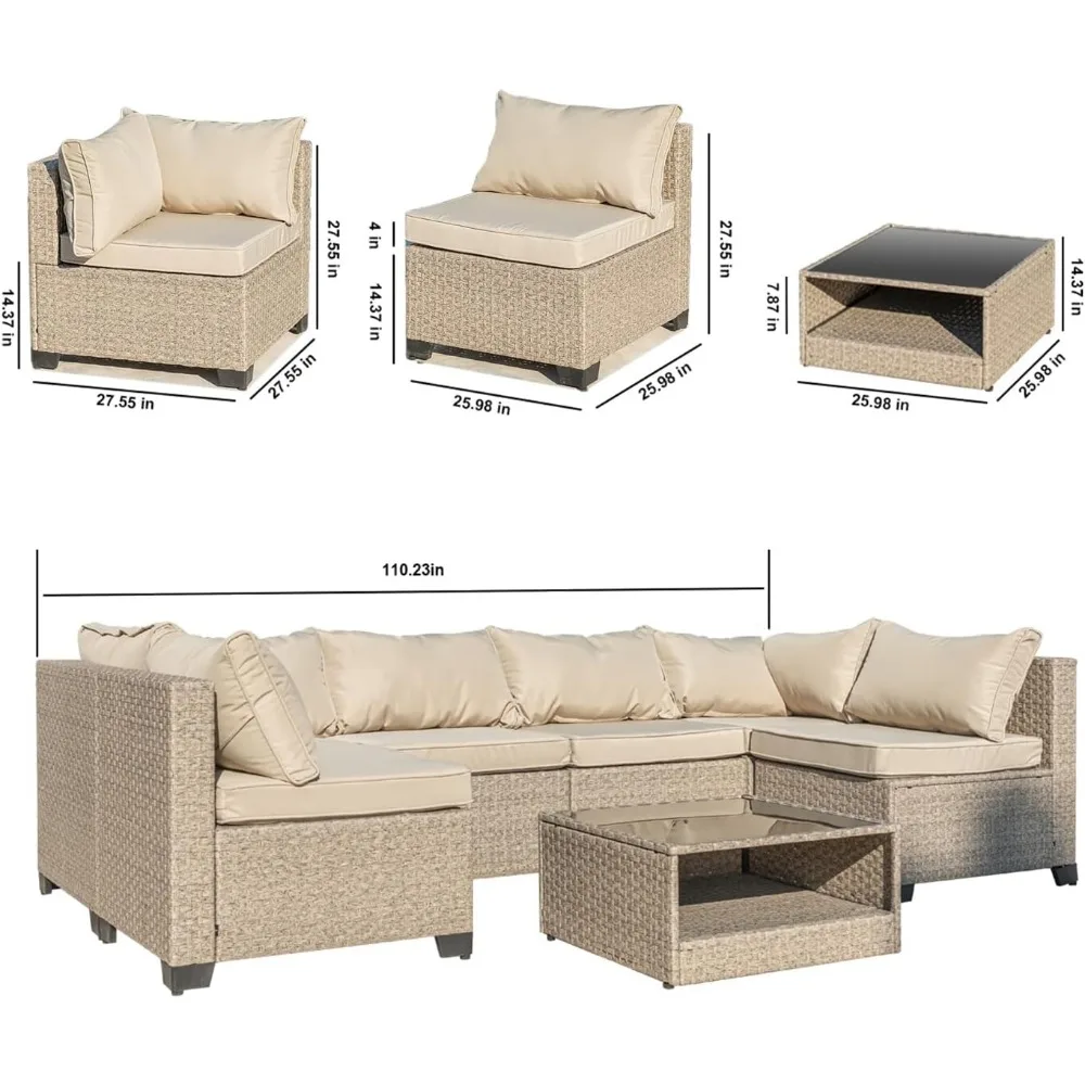 7-Piece Patio Furniture Set, All-Weather Outdoor Conversation Set Sectional Sofa with Water Resistant Khaki Thick Cushions and S 3