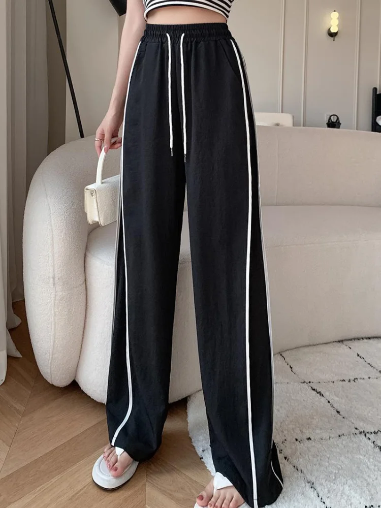 

Брюки женские повседневные с эластичной завышенной талией, Модные свободные прямые штаны с боковыми полосками и широкими штанинами для отдыха, лето 2023