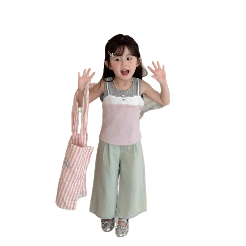 아동복 소녀 캐주얼 탑 한국 스타일 컬러 블록 니트 조끼 여름 새로운 유행 민소매 조끼 티셔츠