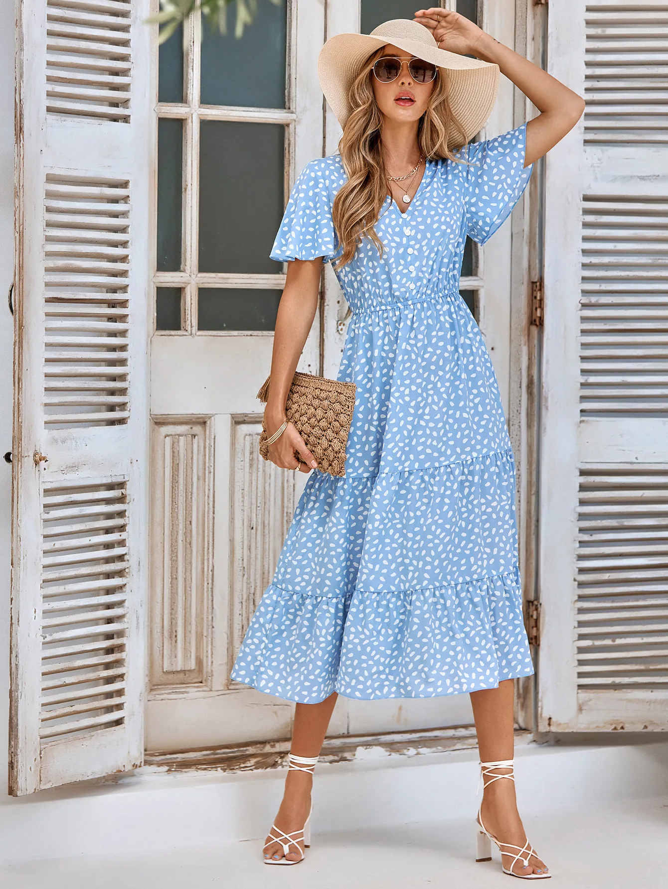 

Yeuxverts New 2023 Fashion Summer Print Dress V-Neck Buttons Butterfly Sleeve Mid Length A-line Casual Beach Women Dress Vestido