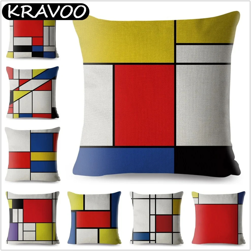 

Mondrian Yellow Geometric Stitching Throw Pillow 45*45cm Square Cushion Cover Linen Pillow Case Home Decor Funda Cojin Cojines