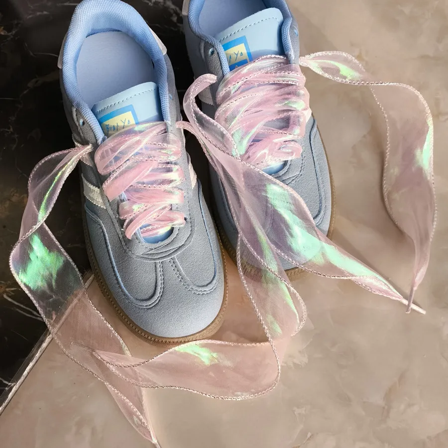 4 cm breite, glänzende Laser-Fischschwanz-Garn-Schnürsenkel, Chiffon, Schleife, Sneaker, Sport DE, Trainingsschuhe, weiße Leder-Freizeitschuhe, Schnürsenkel – Detail 13
