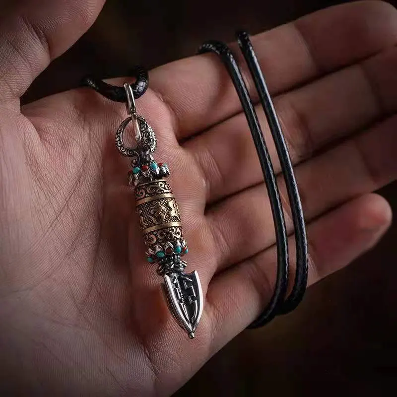 

Pure Silver Buddhist Dzi Beads Mantra Vajra Pendant Necklace Personality Creative Retro Gifts EDC Self defense tools